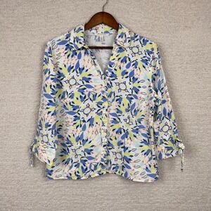 JM Collection Blouse Womens 8 Multi Floral Linen 3/4 Sleeves Button Front V-Neck